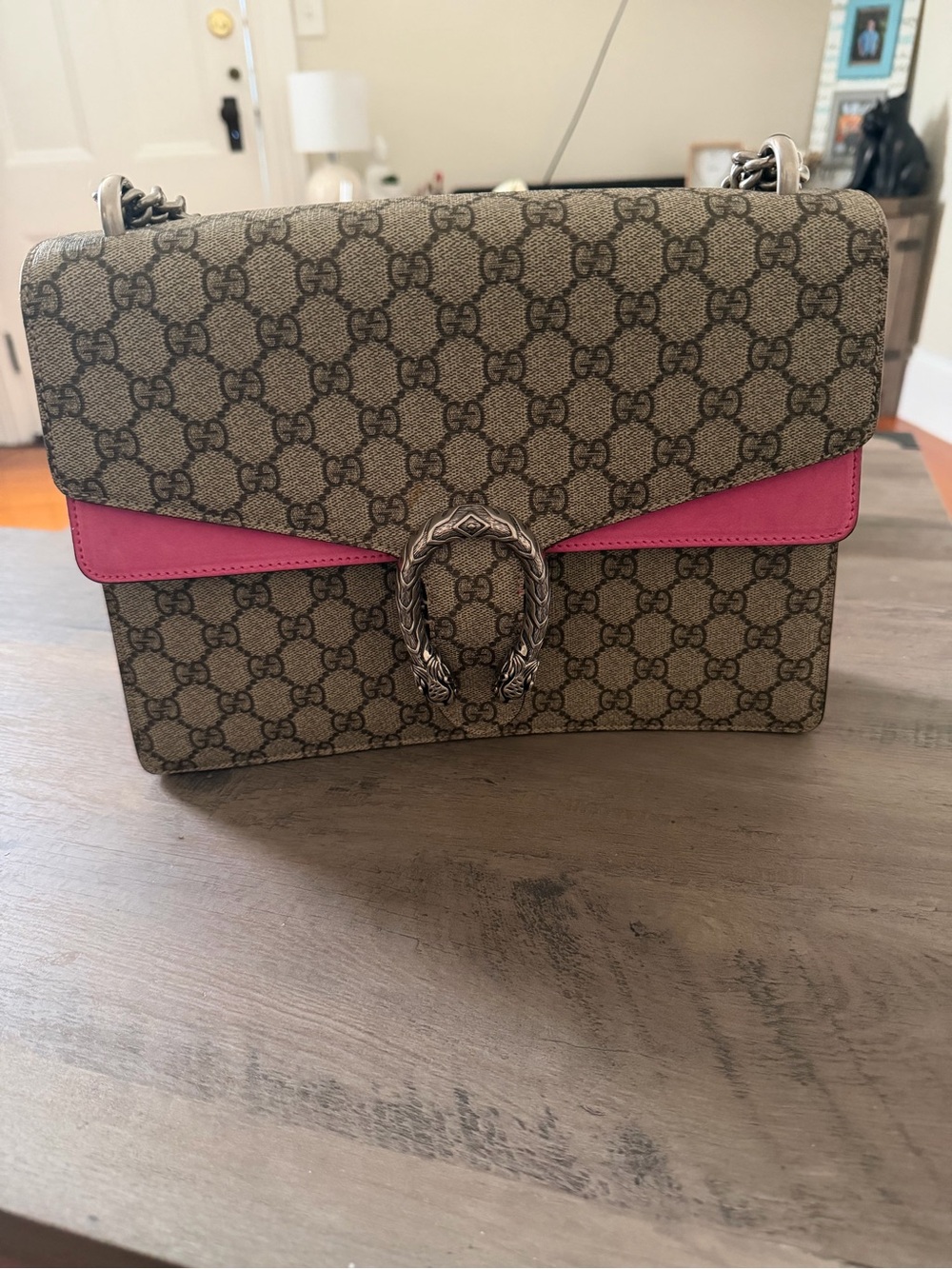 Authentic Gucci GG Supreme Dionysus large  Bag in Beige Brown with Pink Trim